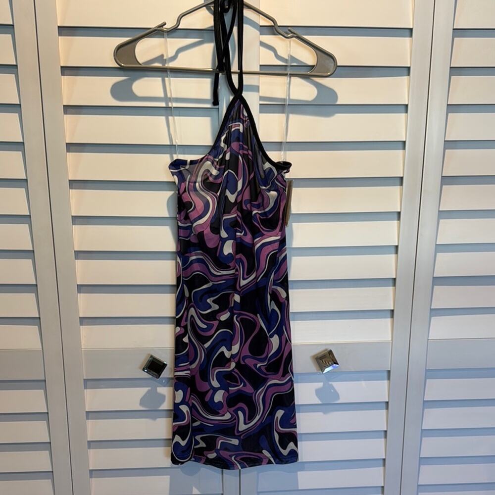 Miken printed Black and Purple Halter Sheath Beach Coverup